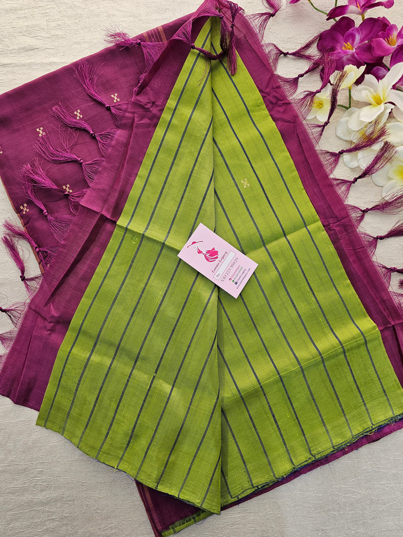 Green Stripes with Magenta Pink  Pallu Handwoven Chinnalampattu Saree