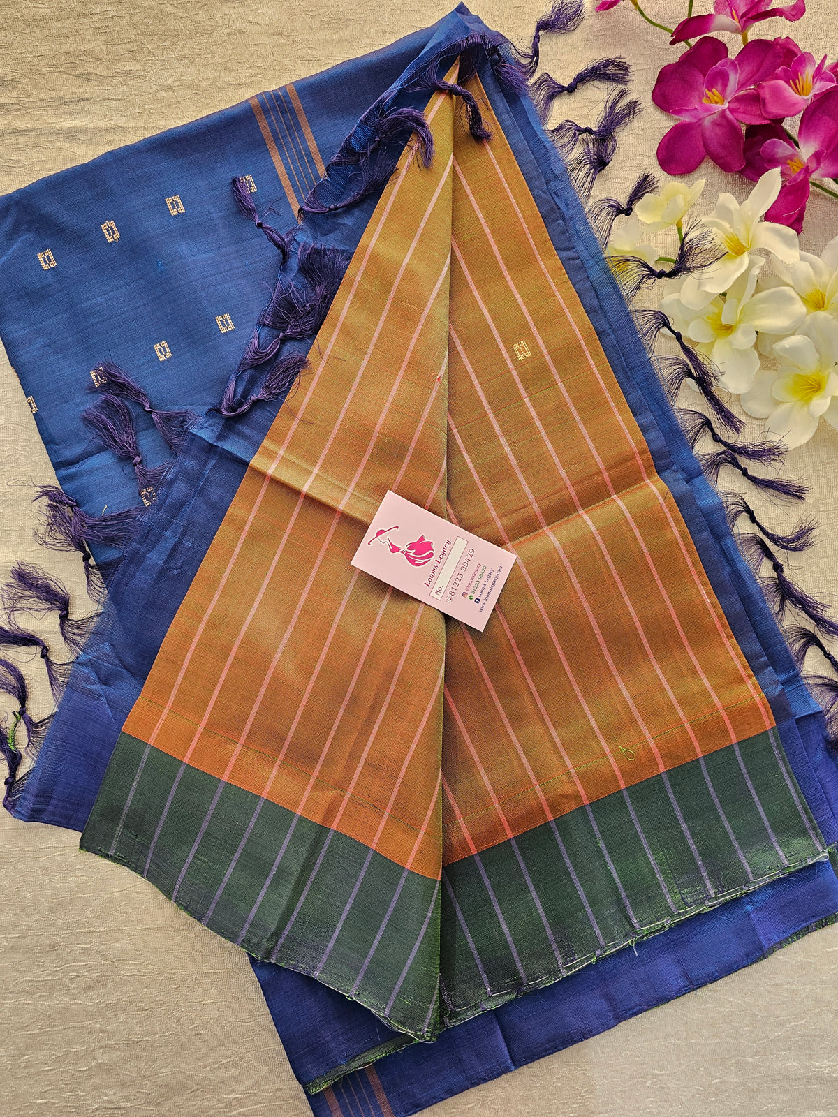 Brown cum Green  with Peacock Blue Pallu Handwoven Chinnalampattu Saree