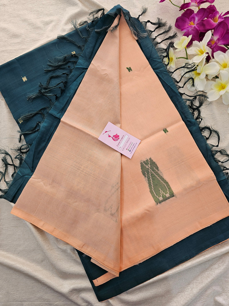 Peach with Peacock Green Handwoven Chinnalampattu Saree