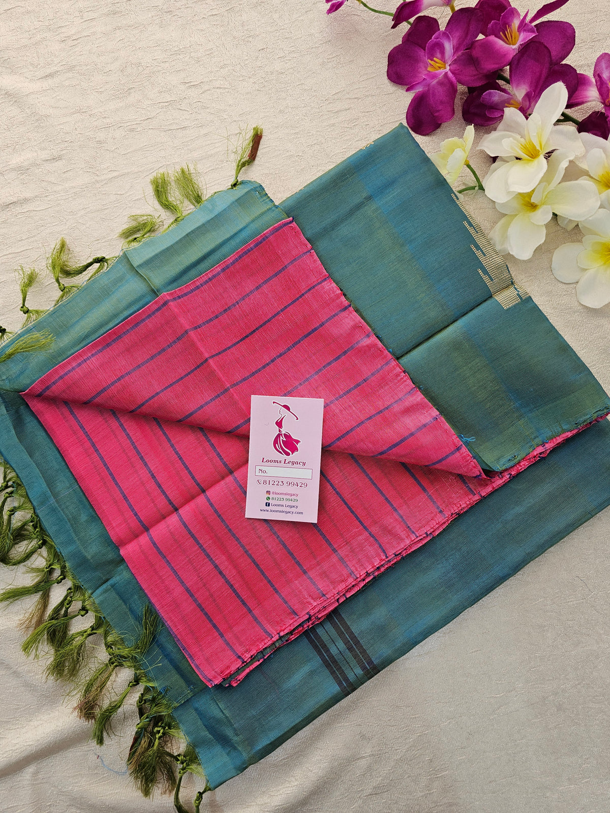 Pink with Dual Shade Peacock Green Stripes Handwoven Chinnalampattu Saree