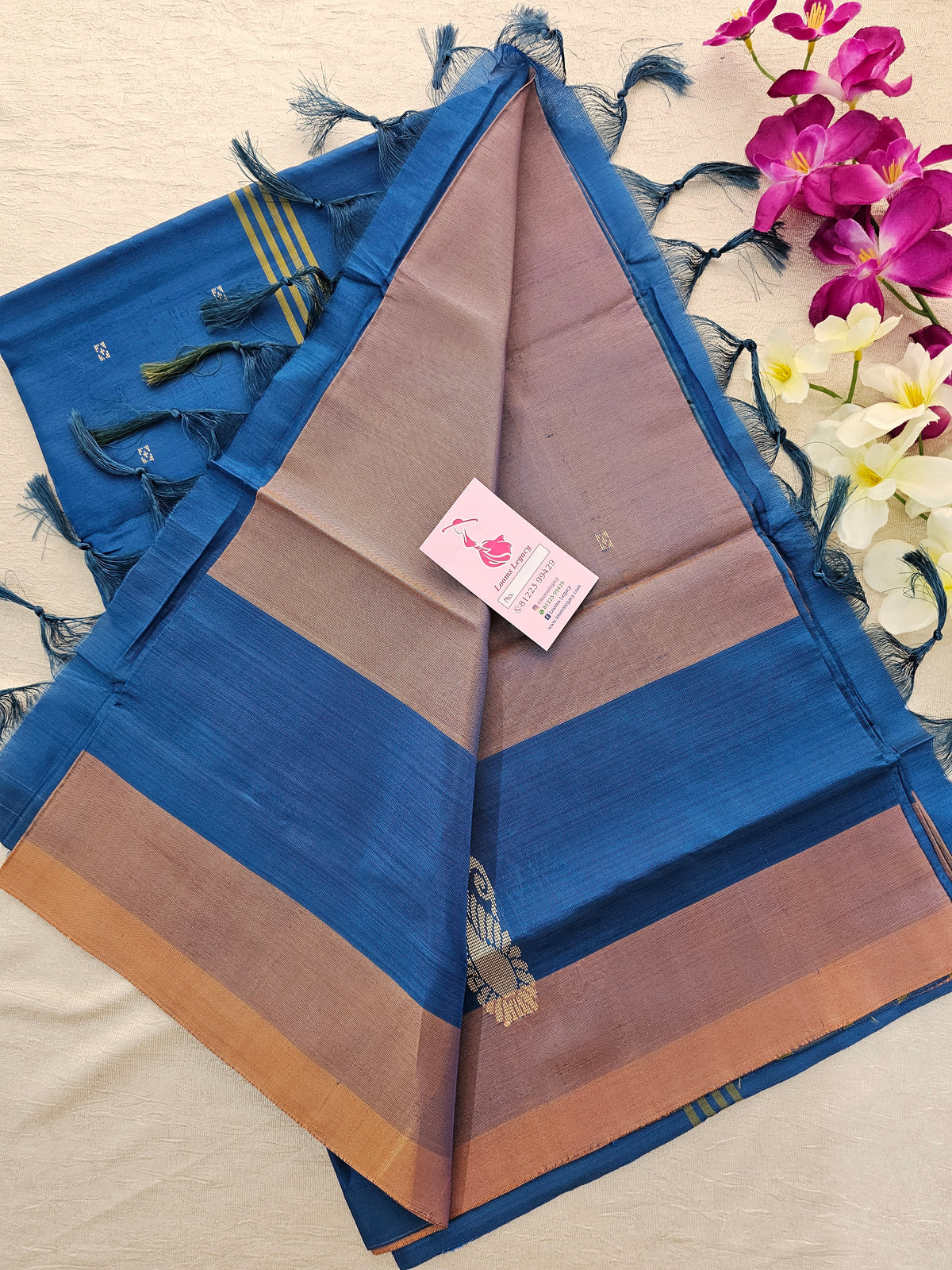 Copper with Peacock Blue Border Handwoven Chinnalampattu Saree