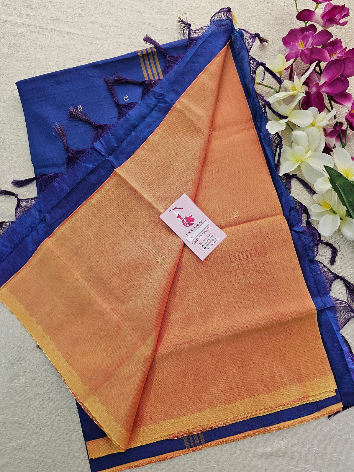 Orange with Peacock Blue Handwoven Chinnalampattu Saree