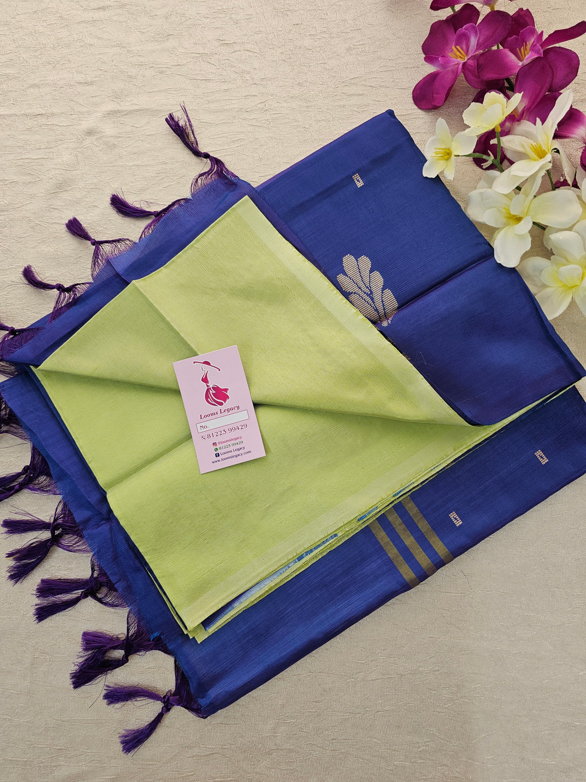 Lime Green with Peacock Blue  Handwoven Chinnalampattu Saree