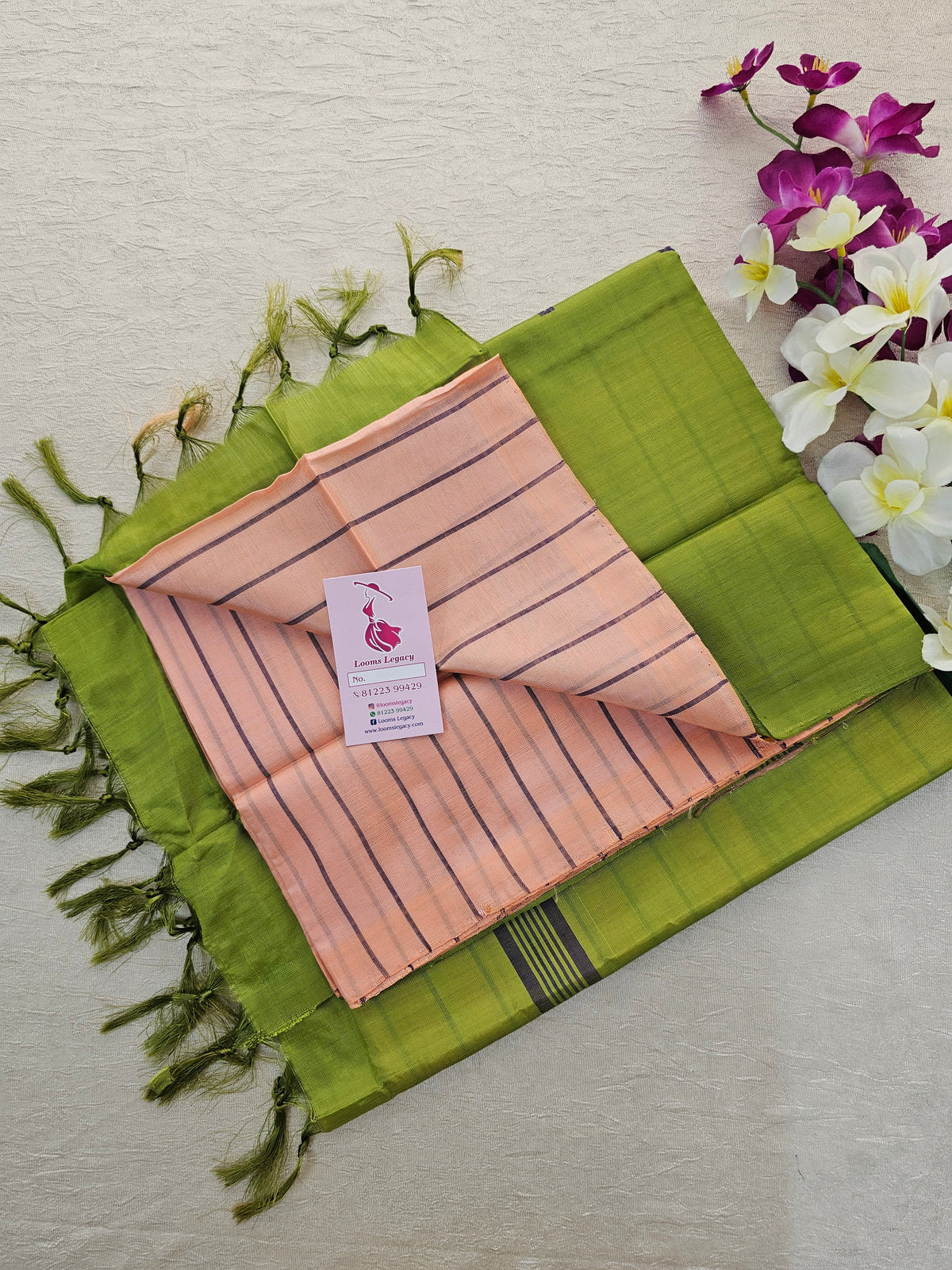 Peach with Green Stripes Handwoven Chinnalampattu Saree