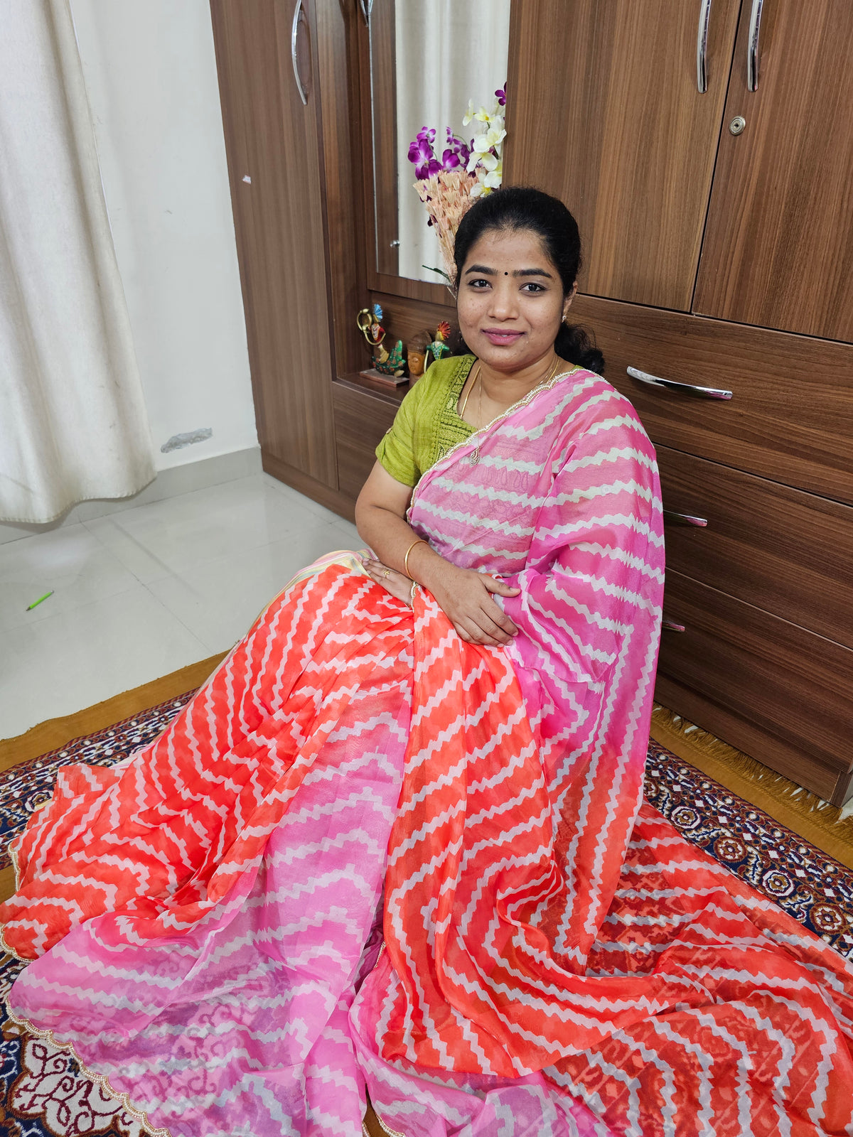 Organza Saree with Zig-Zag Half and Half Pattern and Cut Emboridery Work - Pink with Orange