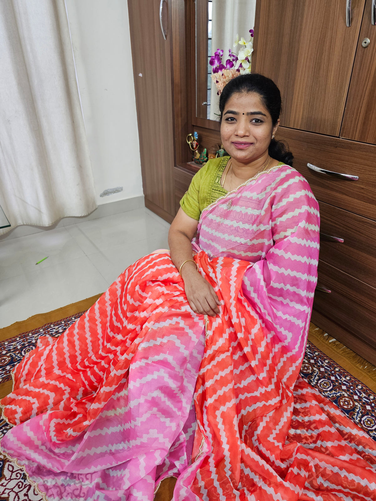 Organza Saree with Zig-Zag Half and Half Pattern and Cut Emboridery Work - Pink with Orange