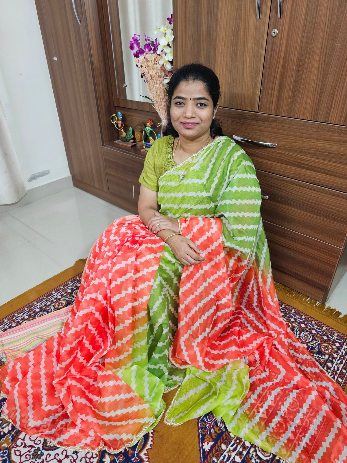 Organza Saree with Zig-Zag Half and Half Pattern and Cut Emboridery Work - Green with Orange