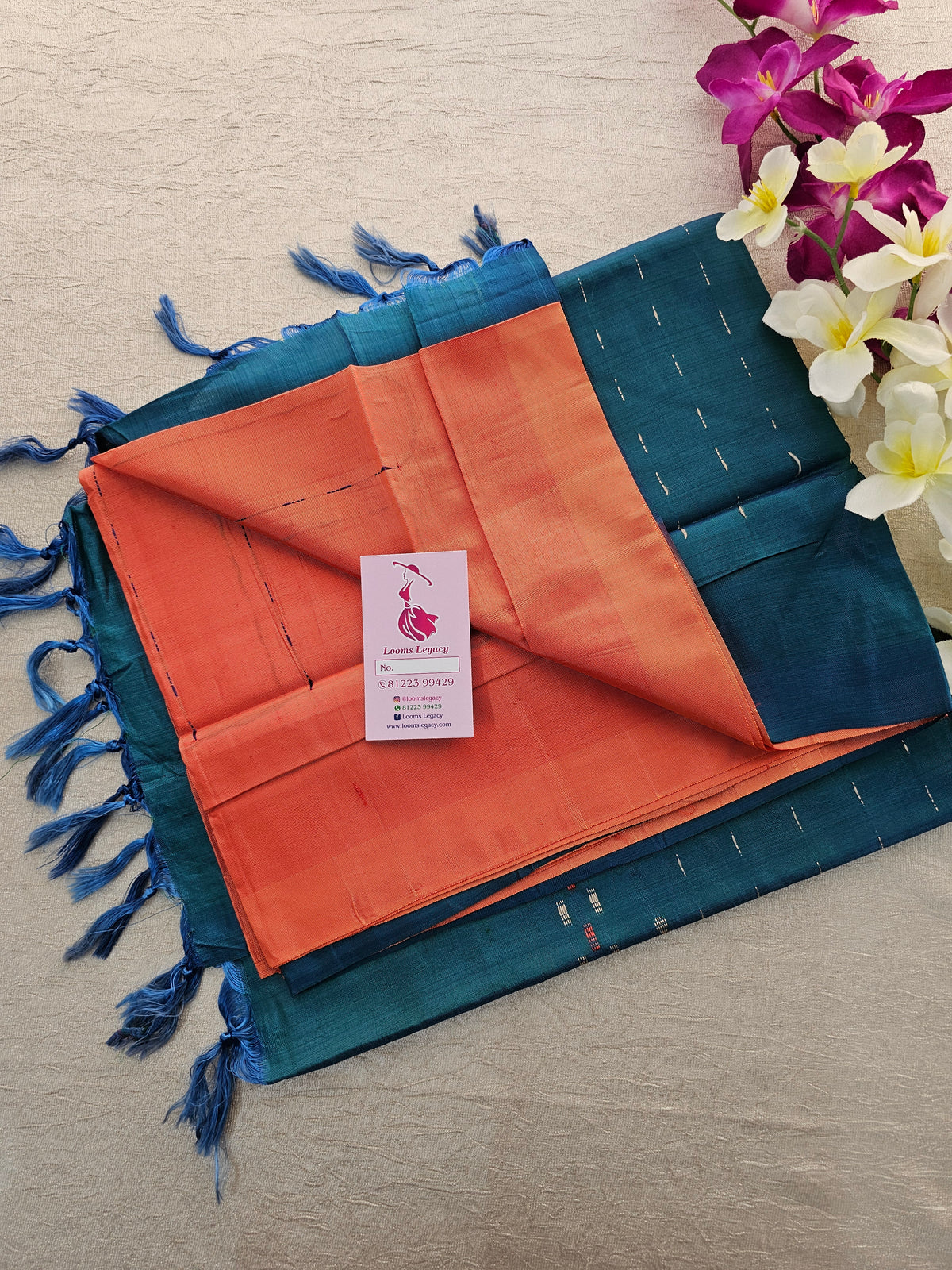 Peach with Peacock Green  Pallu Handwoven Chinnalampattu Saree