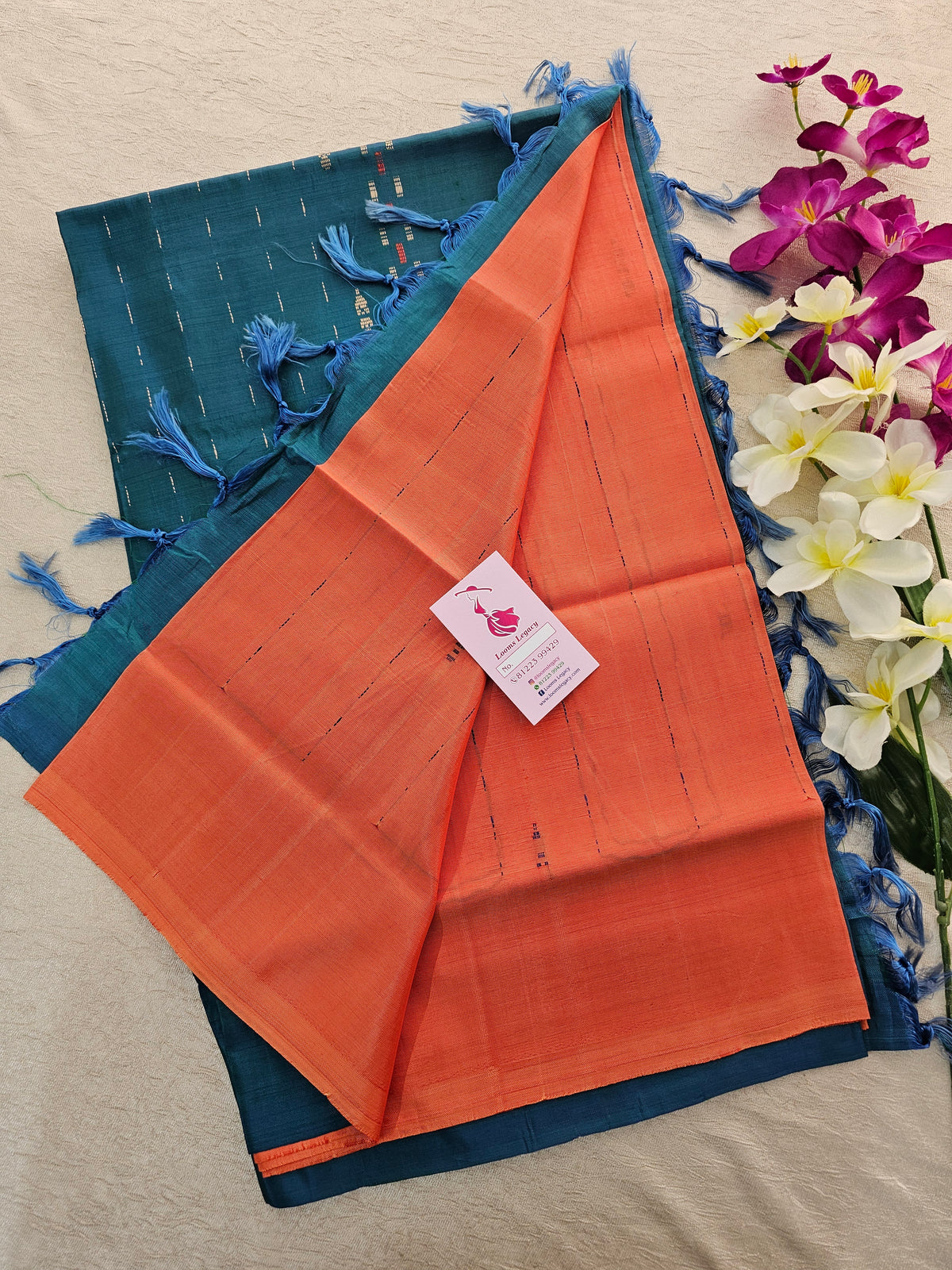 Peach with Peacock Green  Pallu Handwoven Chinnalampattu Saree