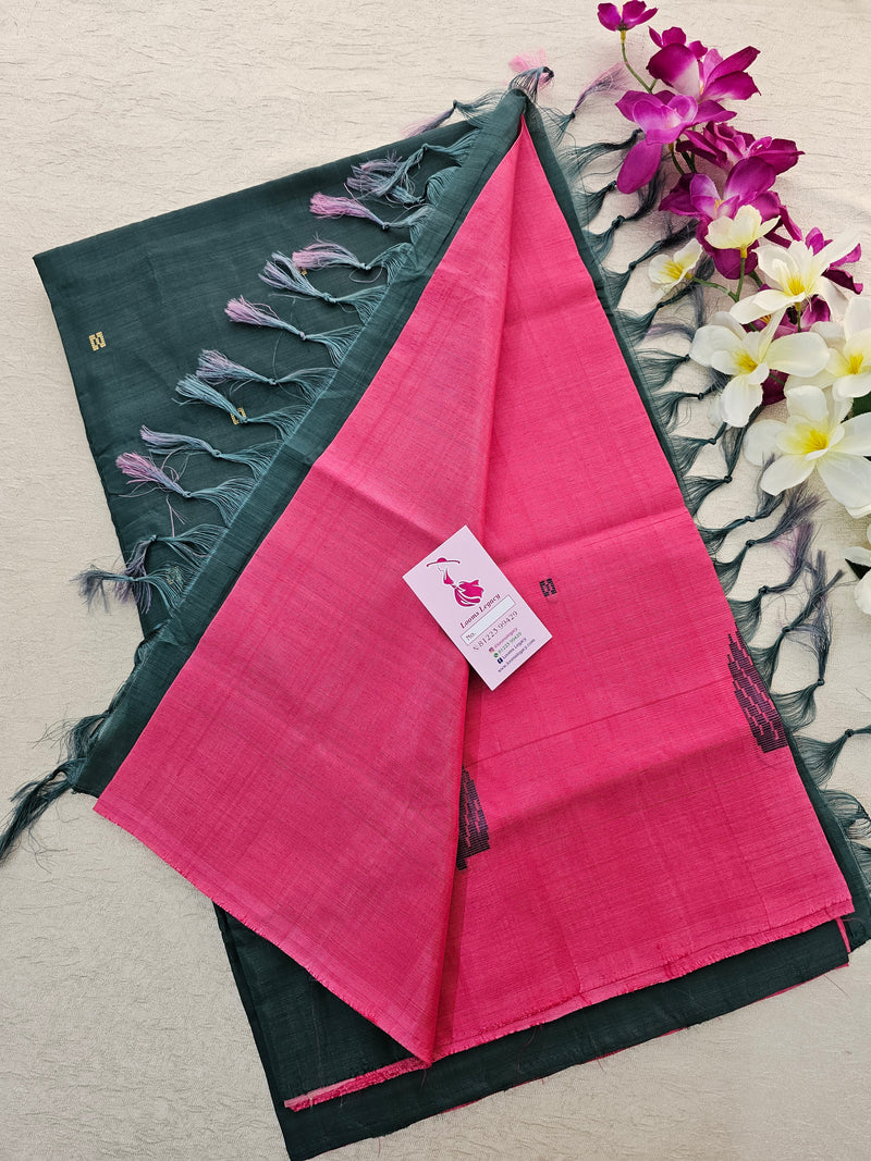 Pink with Bottle Green Handwoven Chinnalampattu Saree