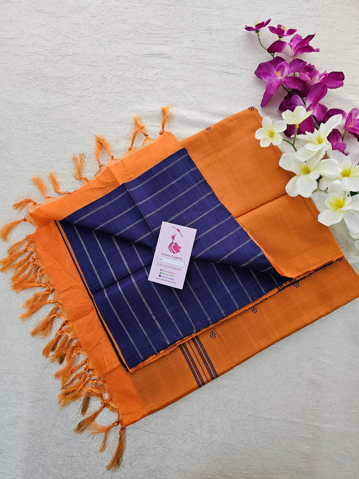 Dark Blue Stripes with Orange Handwoven Chinnalampattu Saree