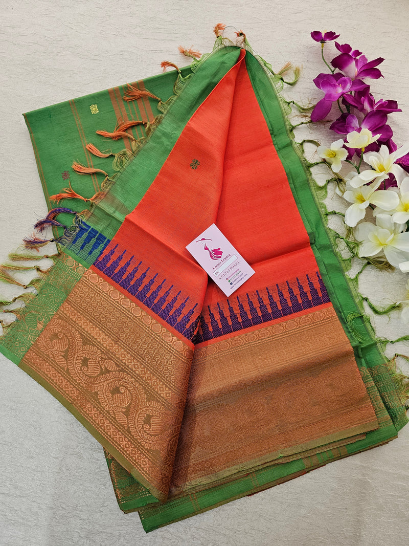 Orange with Green Pallu Chinnalampattu Korvai Border Saree