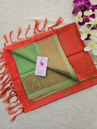 Green with Orange Pallu Chinnalampattu Small Border Saree