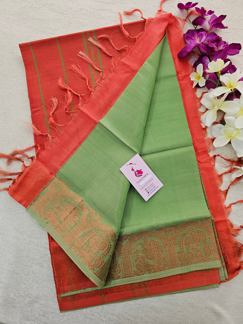 Green with Orange Pallu Chinnalampattu Small Border Saree