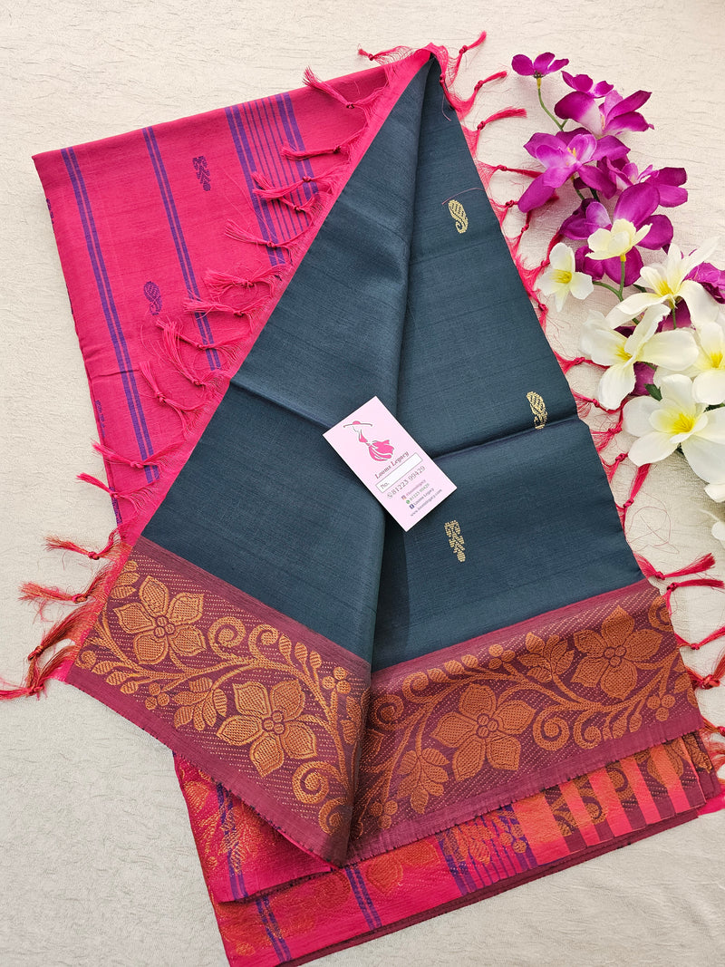 Dark Green with Pink Pallu Chinnalampattu Small Border Saree