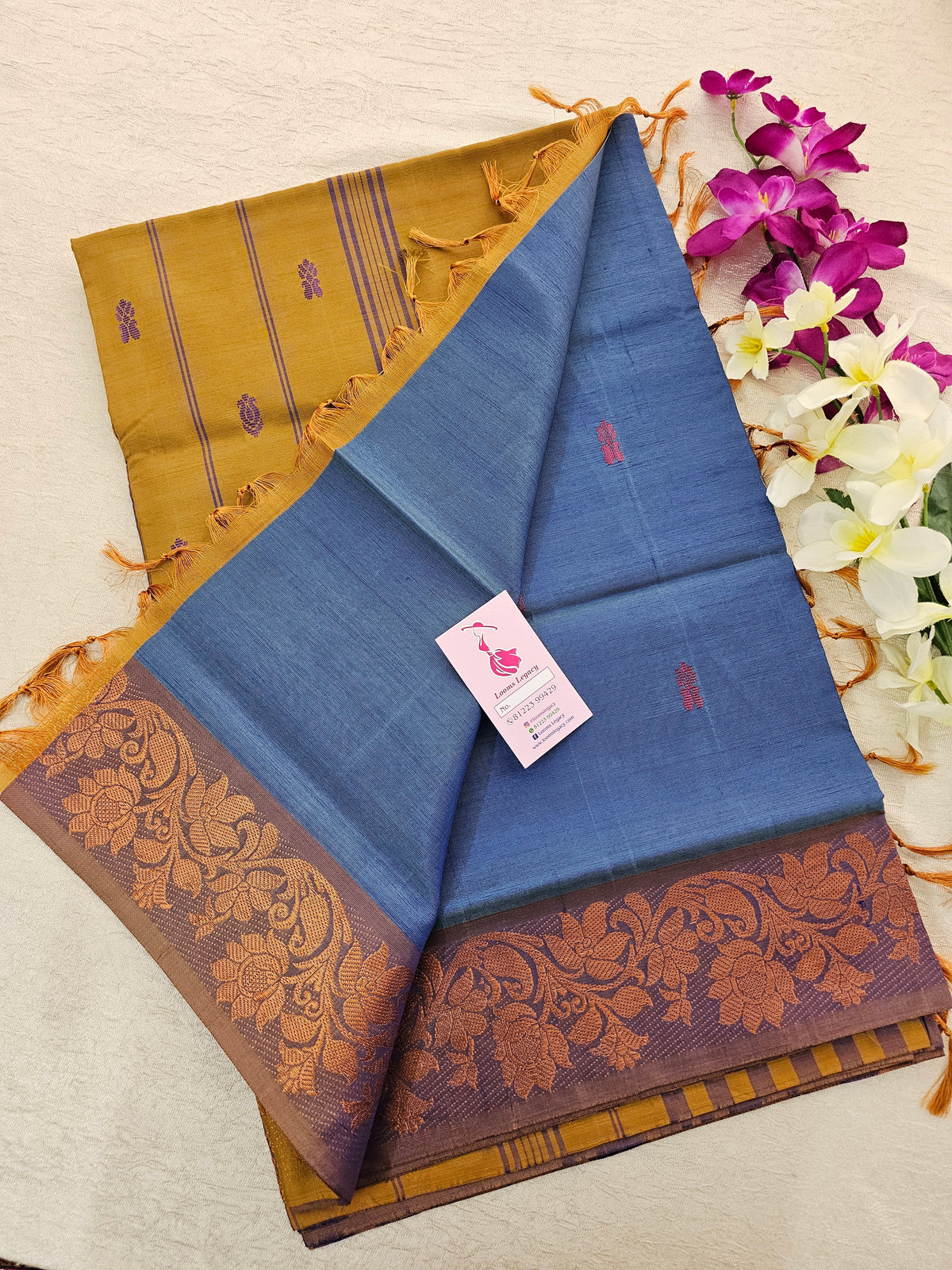 Blue with Brown Pallu Chinnalampattu Small Border Saree