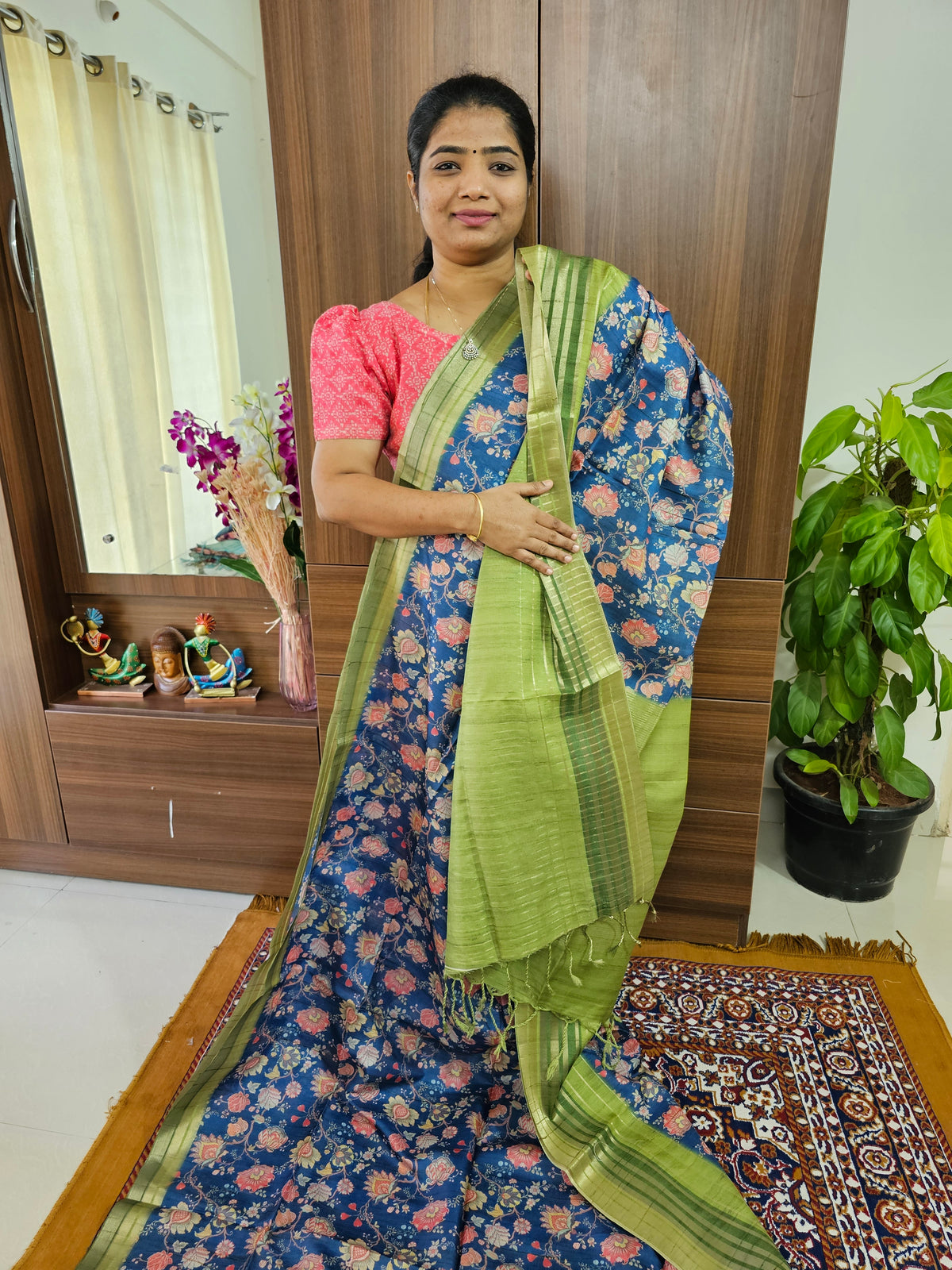 Semi Tussar with Digital Printed Saree -  Peacock Blue with Green