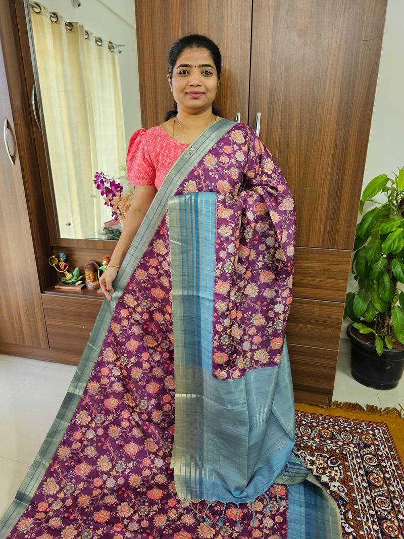 Semi Tussar with Digital Printed Saree -  Purple with Blue