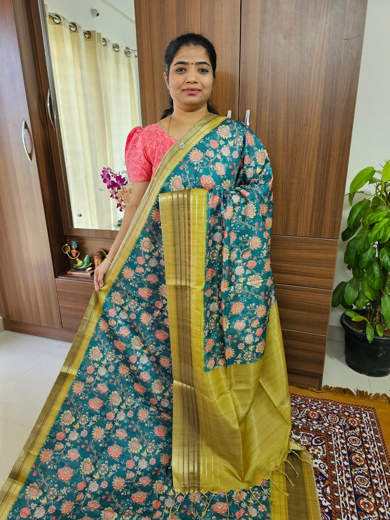 Semi Tussar with Digital Printed Saree -  Peacock Green with Lime Green