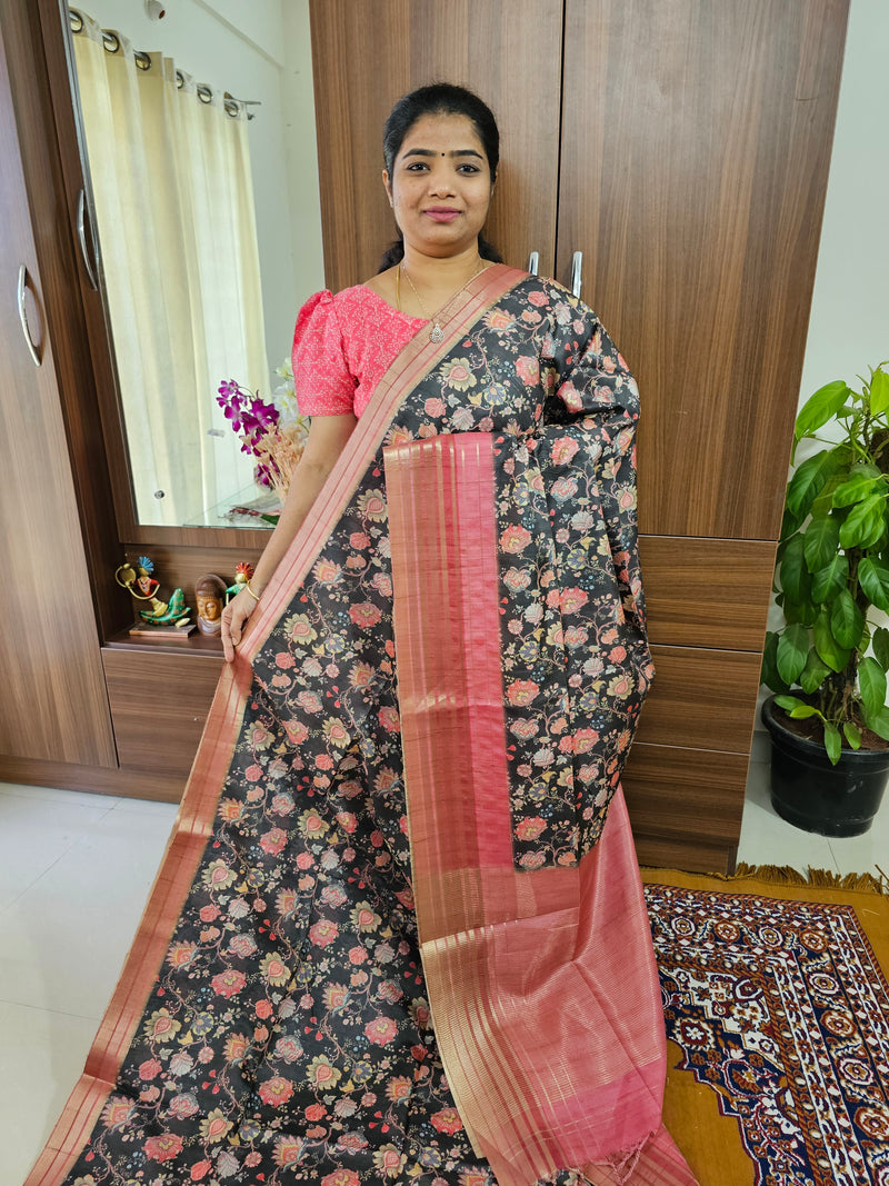 Semi Tussar with Digital Printed Saree -  Grey with Peach