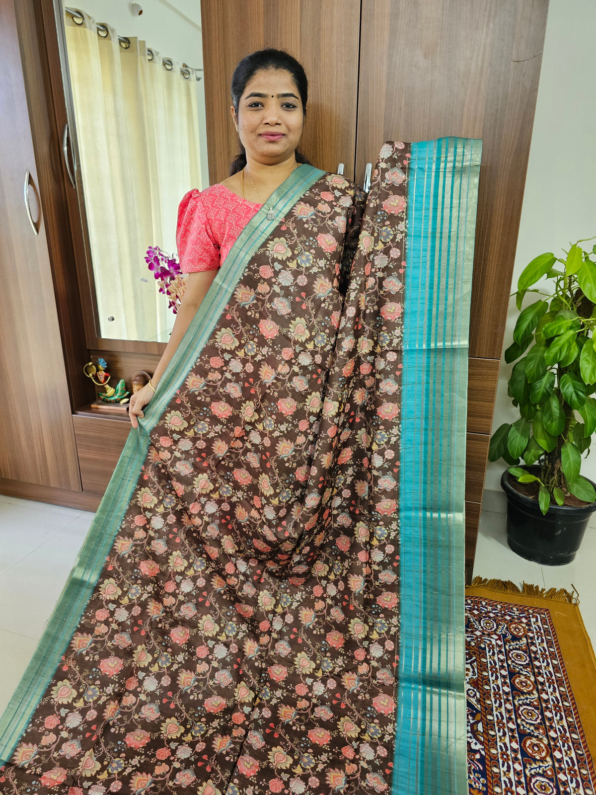 Semi Tussar with Digital Printed Saree -  Brown with Sea Green