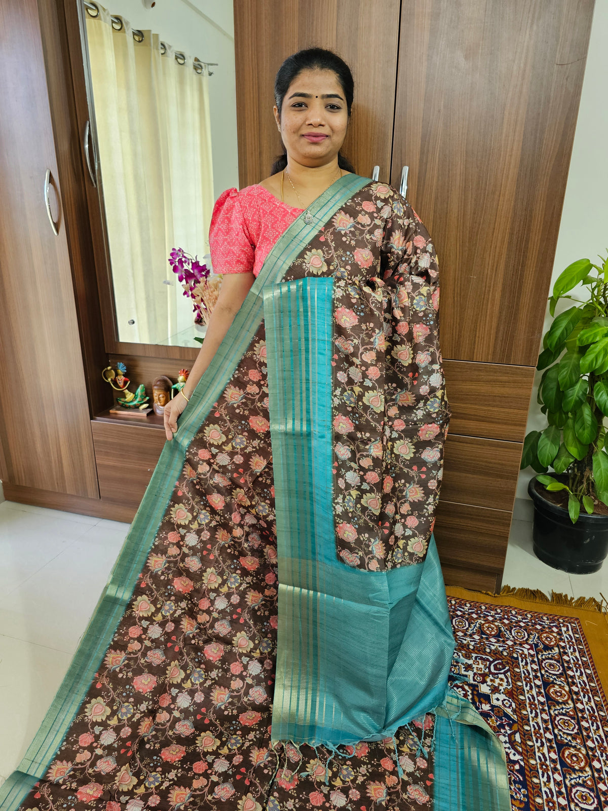 Semi Tussar with Digital Printed Saree -  Brown with Sea Green