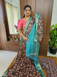 Semi Tussar with Digital Printed Saree -  Brown with Sea Green