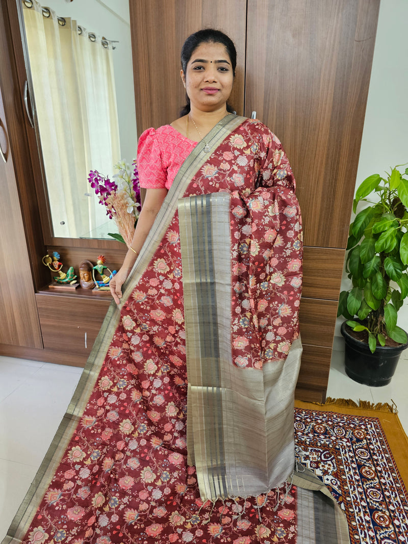 Semi Tussar with Digital Printed Saree -  Maroon with Grey