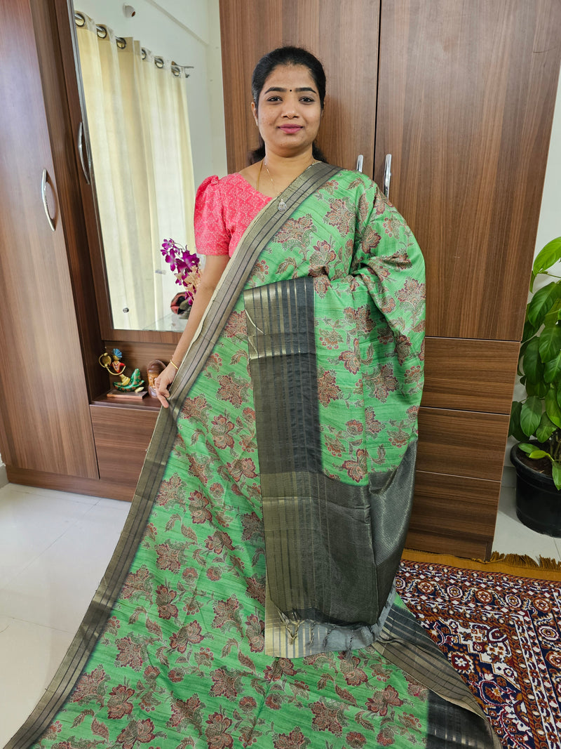 Semi Tussar with Digital Printed Saree -  Green with Dark Green