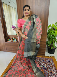 Semi Tussar with Digital Printed Saree - Dark Peach with Dark Green