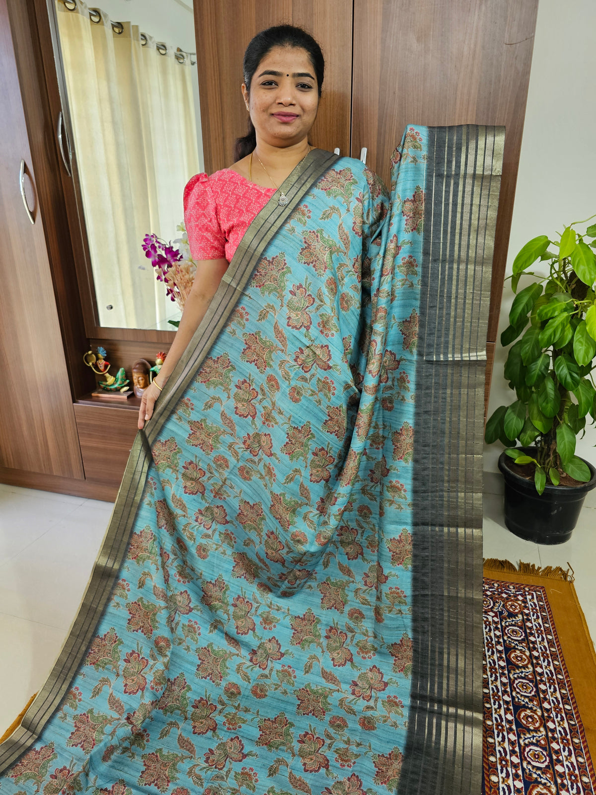 Semi Tussar with Digital Printed Saree - Blue with Dark Green