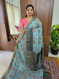 Semi Tussar with Digital Printed Saree - Blue with Dark Green