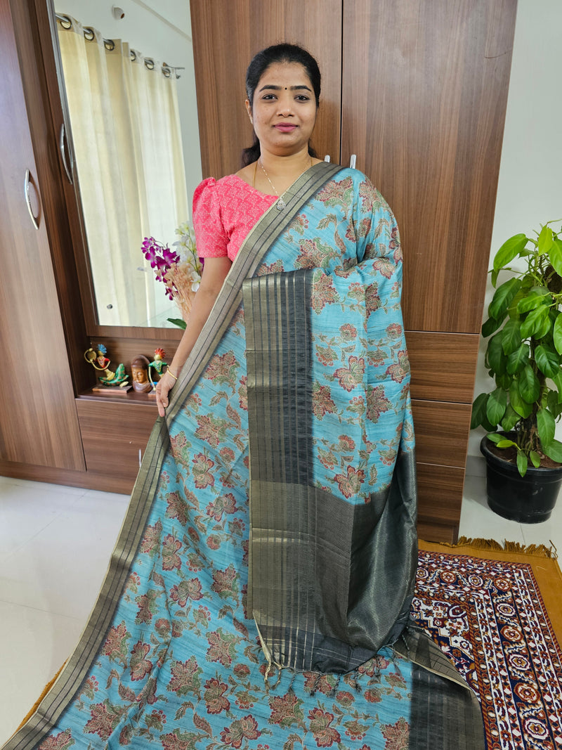 Semi Tussar with Digital Printed Saree - Blue with Dark Green