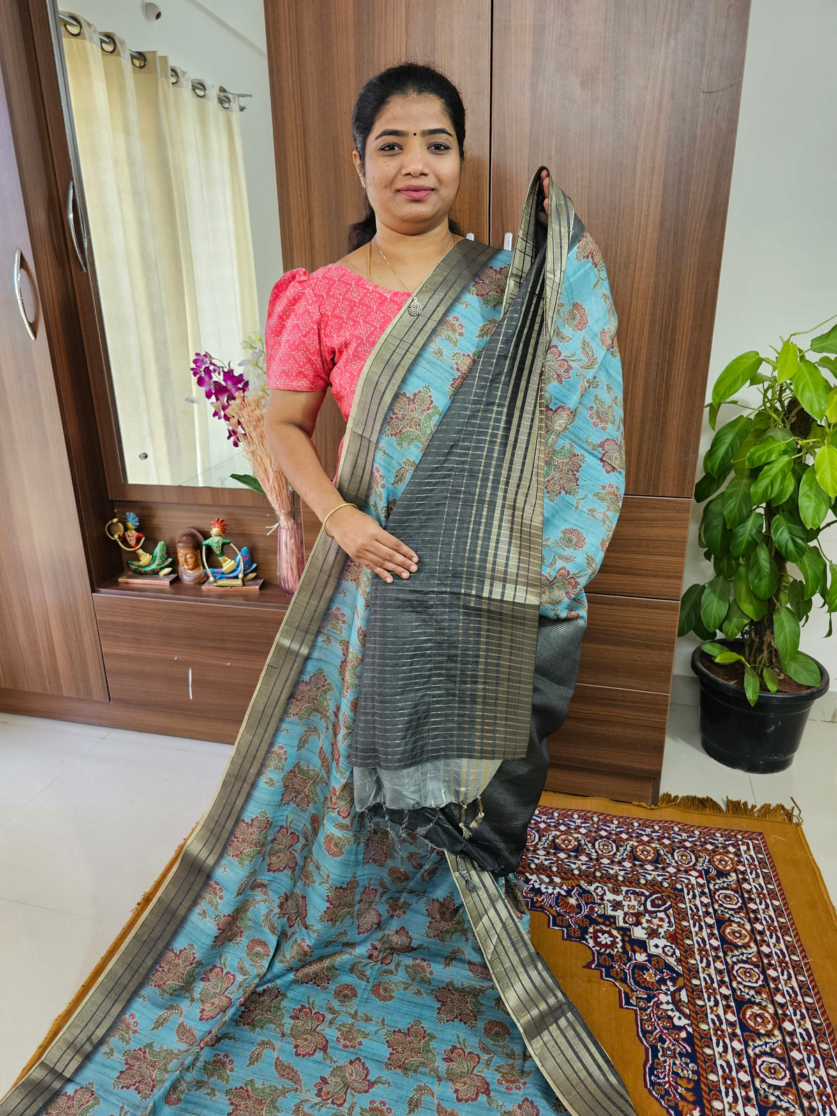 Semi Tussar with Digital Printed Saree - Blue with Dark Green