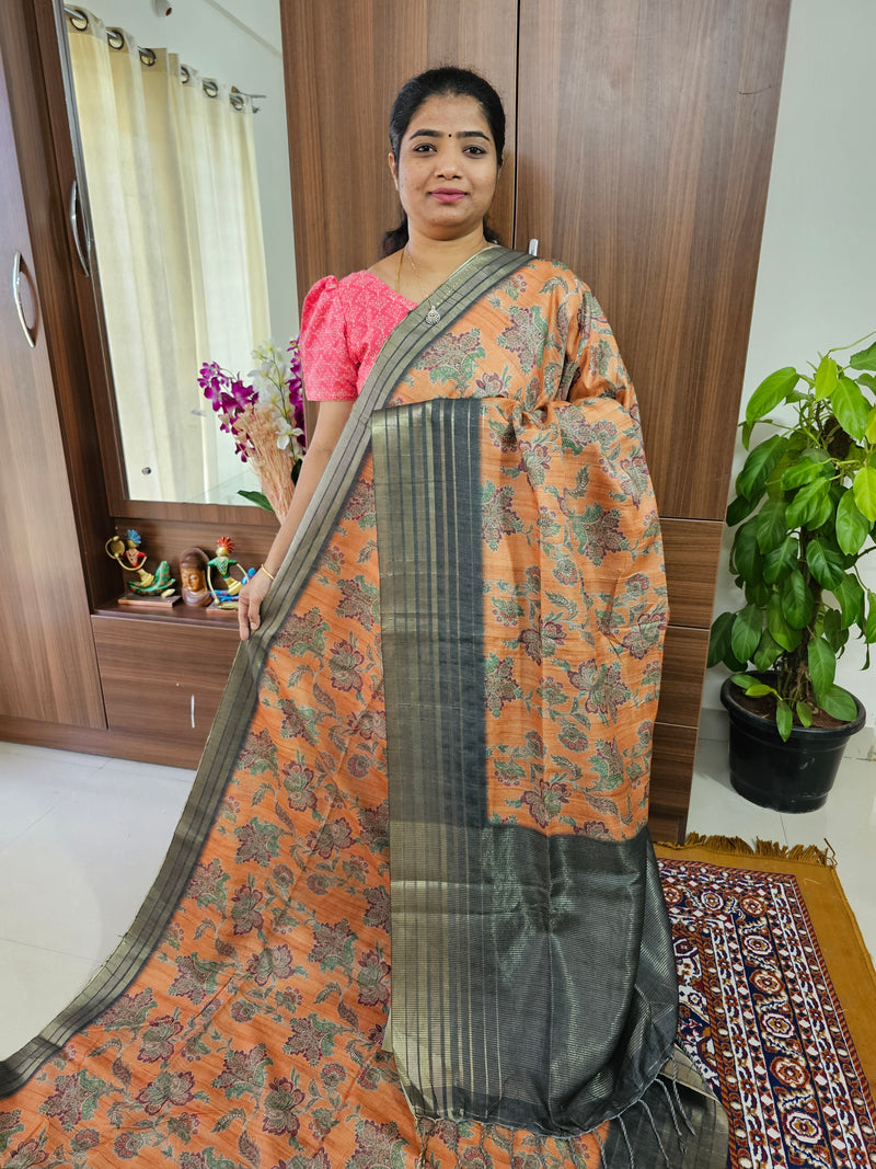 Semi Tussar with Digital Printed Saree - Orange with Dark Green