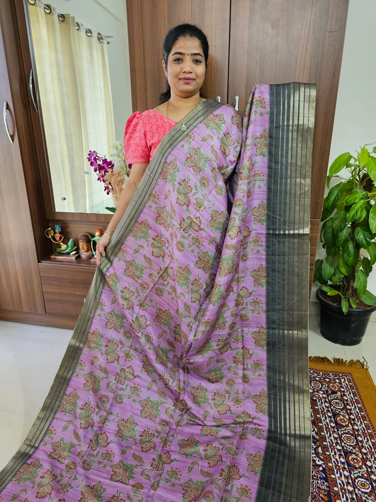 Semi Tussar with Digital Printed Saree - Purple with Dark Green