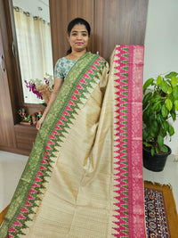 Semi Ghicha Digital Printed Saree - Green with Pink