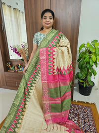 Semi Ghicha Digital Printed Saree - Green with Pink