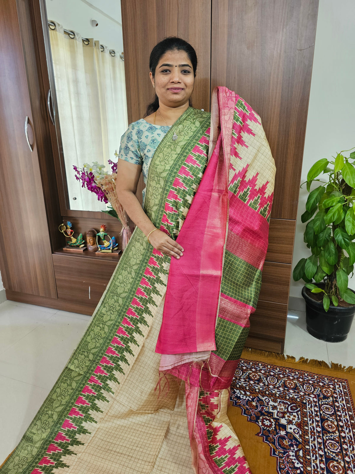 Semi Ghicha Digital Printed Saree - Green with Pink