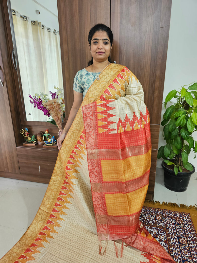 Semi Ghicha Digital Printed Saree - Yellow with Red