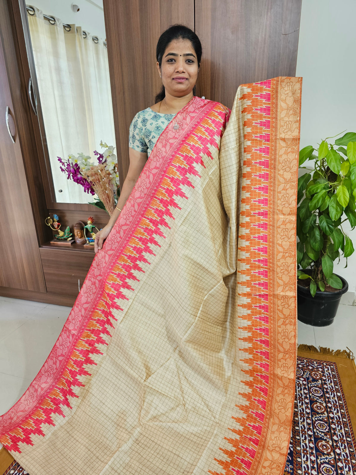 Semi Ghicha Digital Printed Saree - Pink with Orange