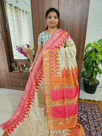 Semi Ghicha Digital Printed Saree - Pink with Orange