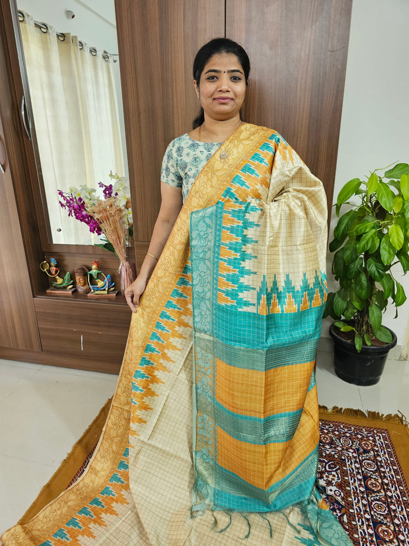 Semi Ghicha Digital Printed Saree - Yellow with Sea Blue