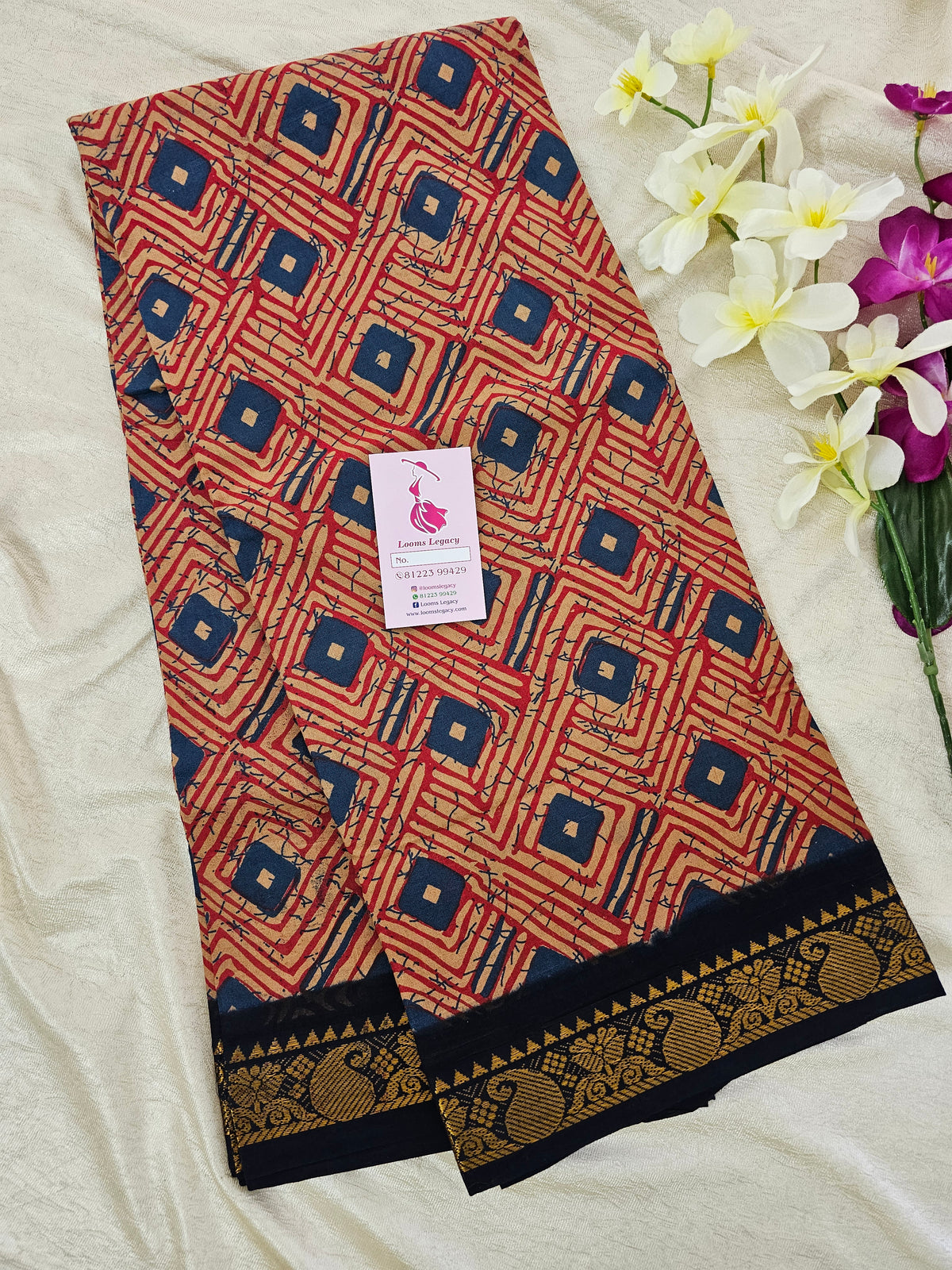 Madurai Sungadi Cotton Saree with Prints - Beige with Dark Blue