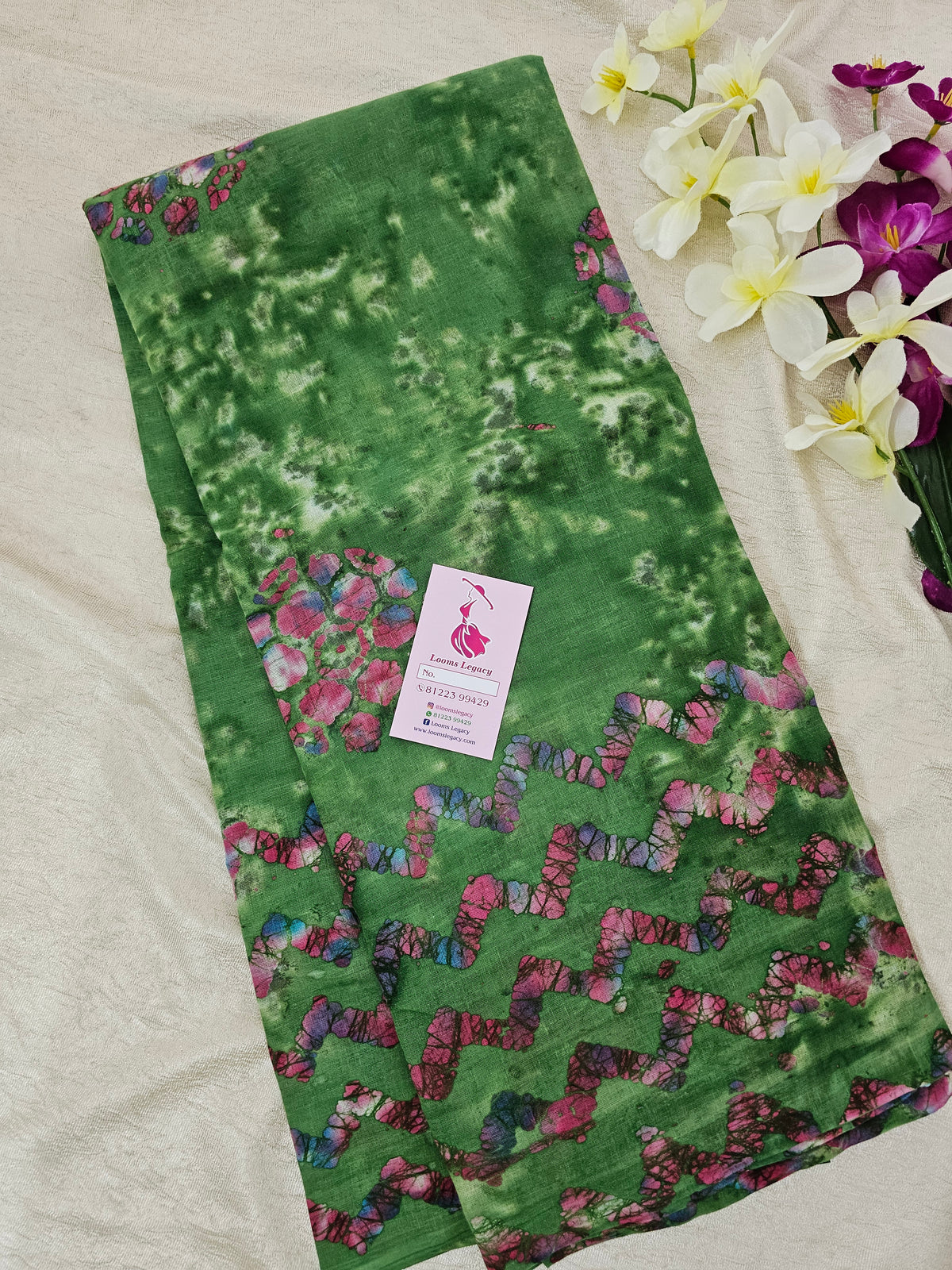 Mul Mul  Cotton Saree with Wax Prints - Green