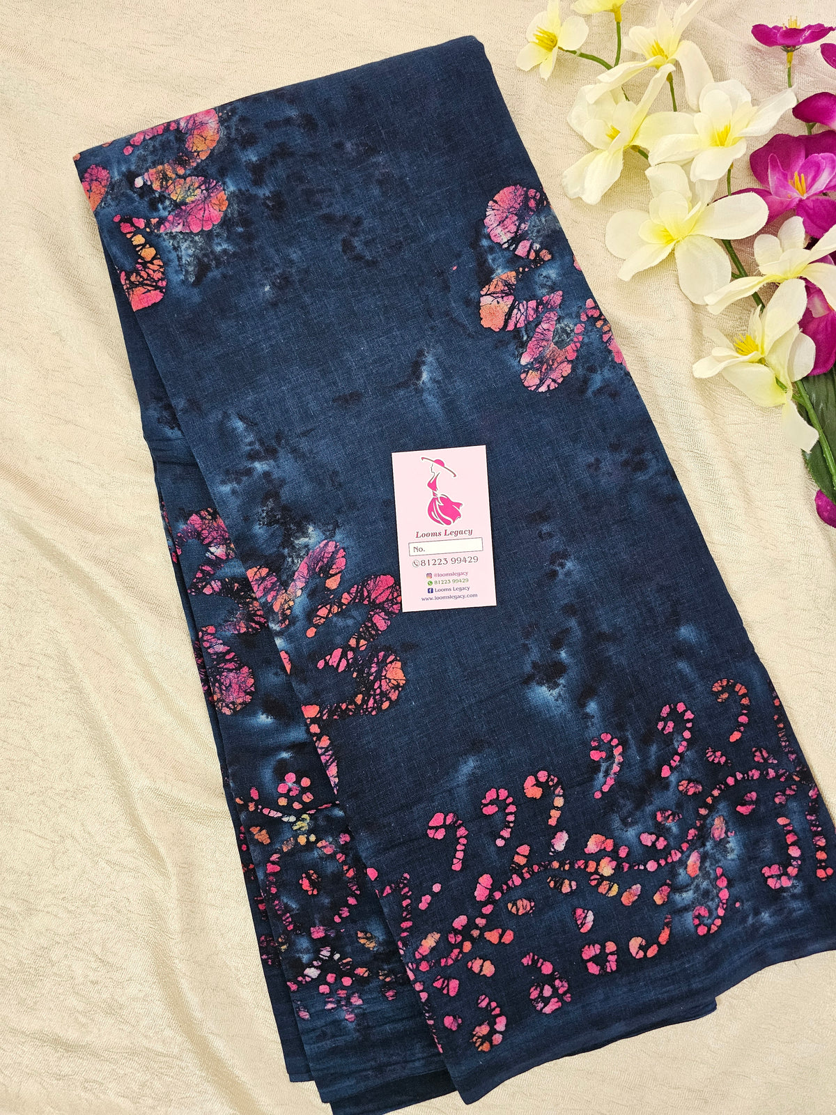 Mul Mul  Cotton Saree with Wax Prints - Blue