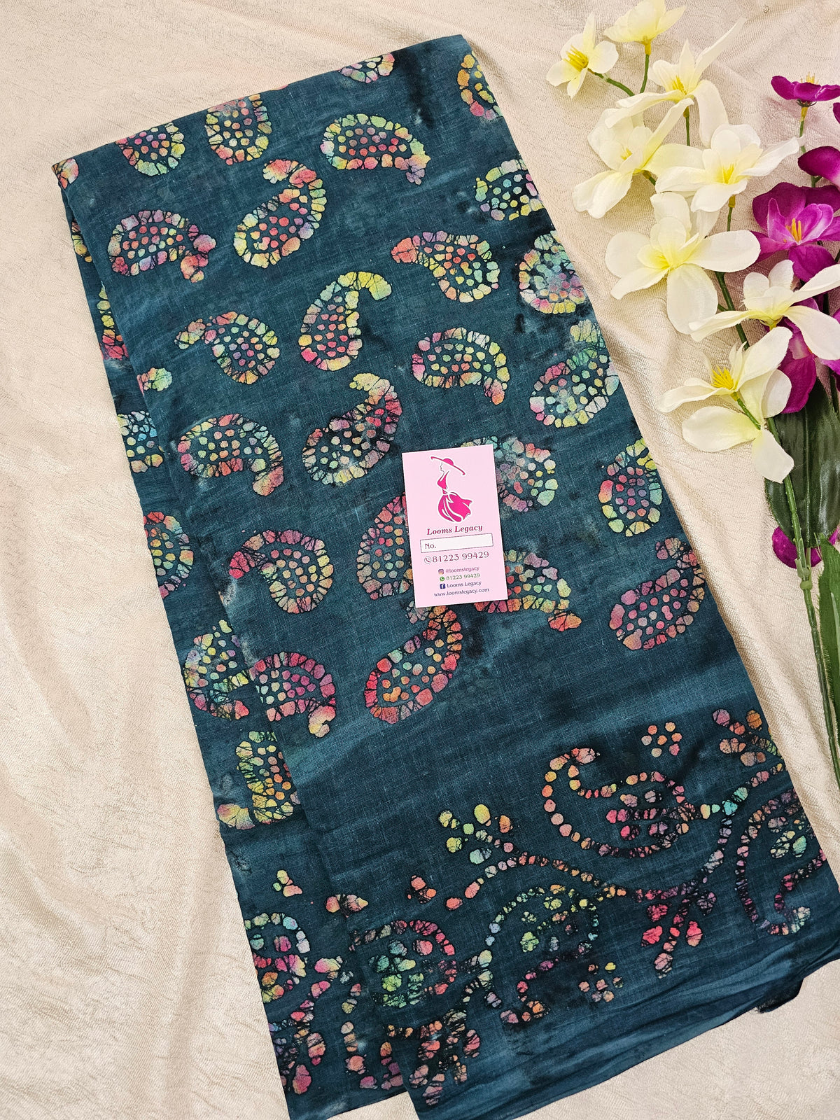 Mul Mul  Cotton Saree with Wax Prints - Peacock Blue