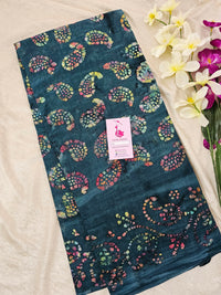 Mul Mul  Cotton Saree with Wax Prints - Peacock Blue