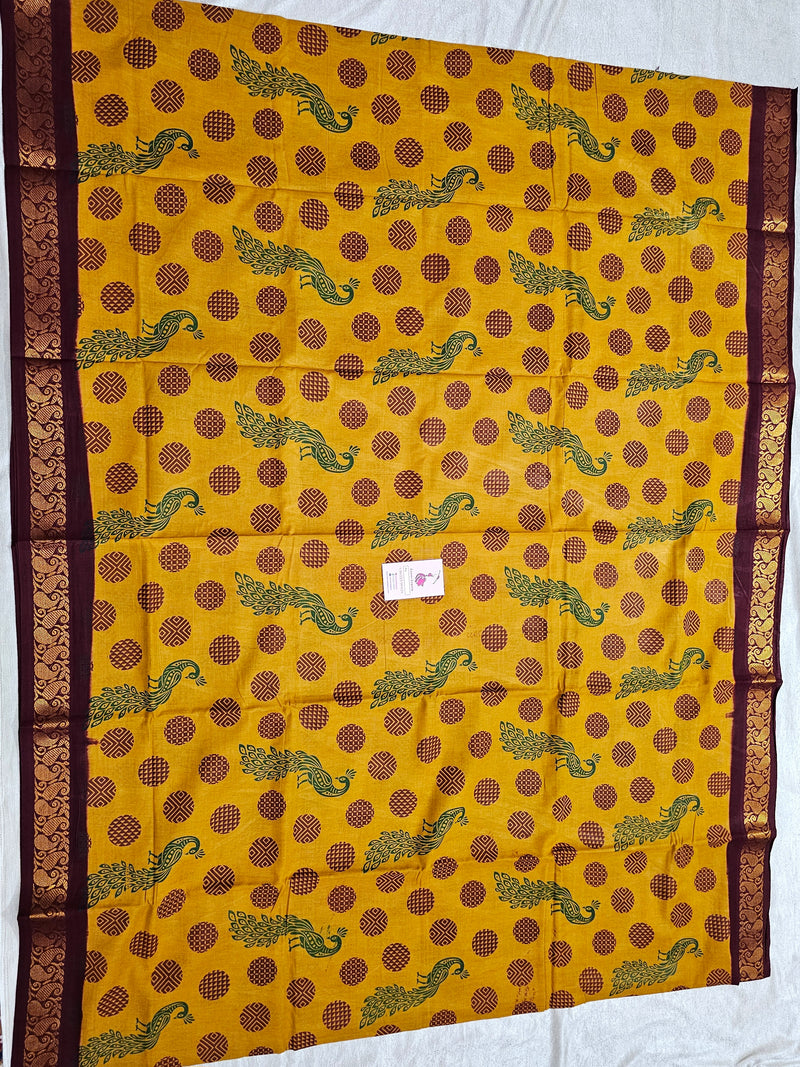 Madurai Sungadi Cotton Saree with Prints - Yellow with Maroon