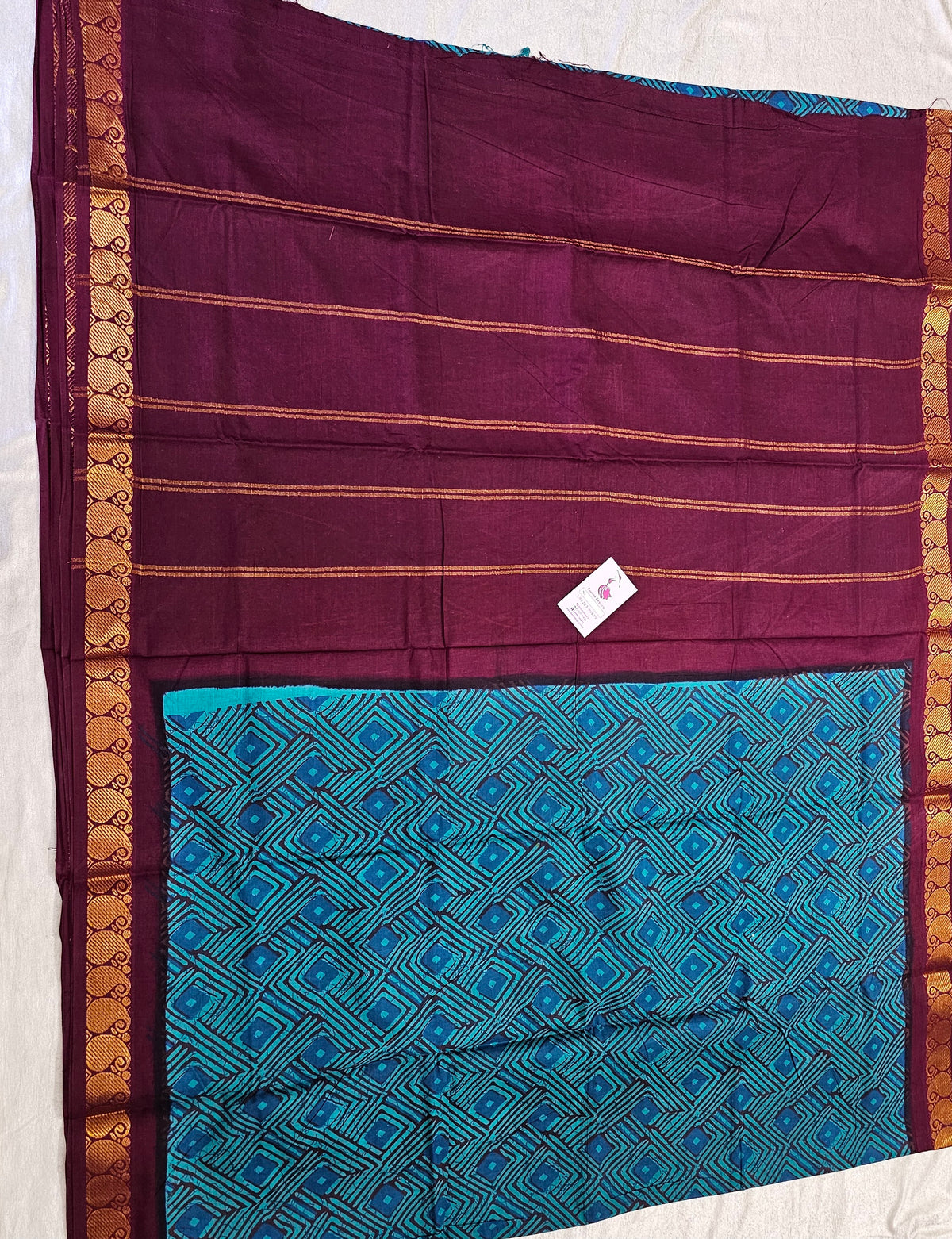 Madurai Sungadi Cotton Saree with Prints - Sea Green with Maroon